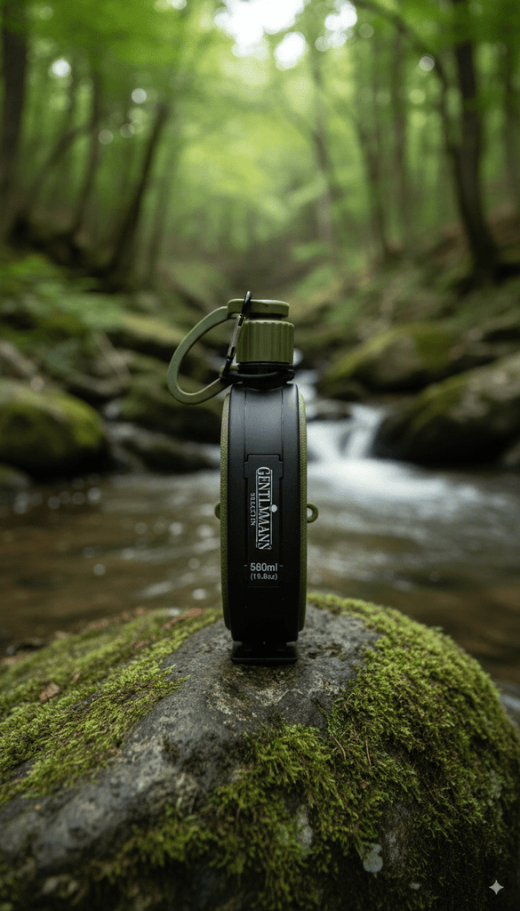 Faltbare Trinkflasche 580ml – Mit Kompass & Karabiner | BPA - Frei – Outdoor Zubehör | Gentleman's Selection