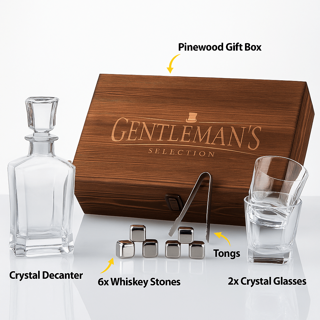 Whiskey Dekanter Set – Personalisierte Gravur - Holzbox – Whiskey Zubehör | Gentleman's Selection